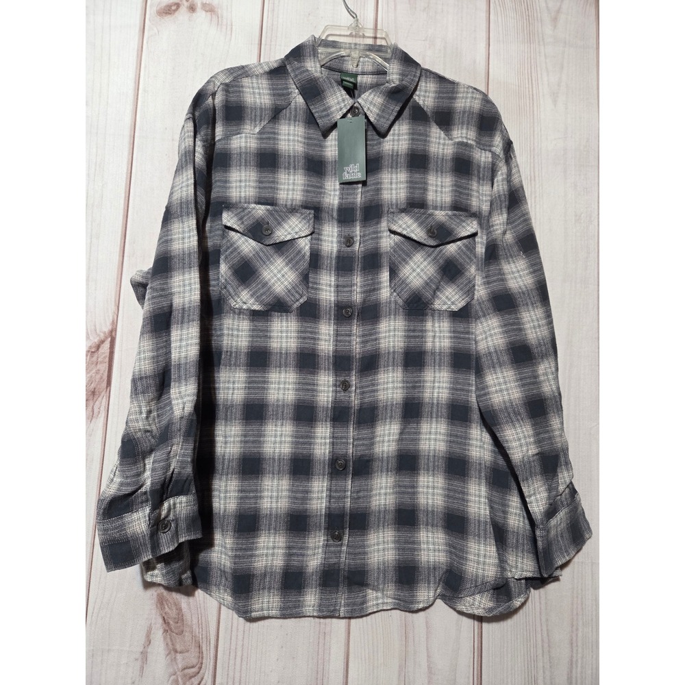 Wild Fable Womens Black White Plaid Flannel Button Down Shirt Large NWT Pockets